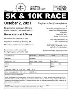 United Way of Clarion County 5K & 10K Race @ Clarion University Memorial Stadium