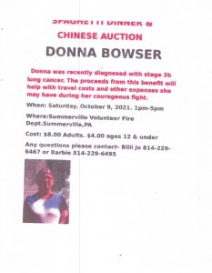 Fundraiser Dinner For Donna Bowser @ Summerville Volunteer Fire Company Hall
