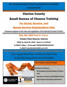 Clarion County Small Games of Chance Training @ Trinity Point Church, Clarion