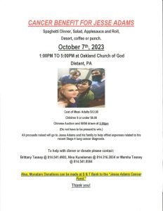 Benefit Dinner for Jesse Adams @ Oakland Church of God | Distant | Pennsylvania | United States
